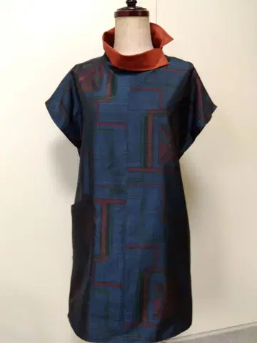 기모노 오시마 명주 리메이크 - * - 프렌치 소매, 스탠드 칼라 튜닉