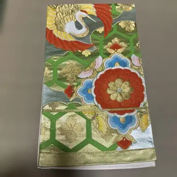 순수 실크 후쿠로 오비 봉황과 꽃 자수
