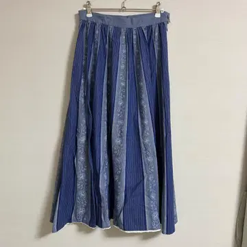 구제 의류 플레어 스커트 데님풍 블루 꽃무늬 스트라이프