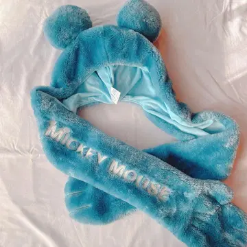 미키마우스 귀 달린 후드 스카이블루 머플러 장갑 세트
