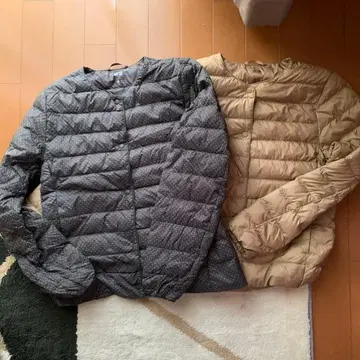 UNIQLO 울트라 라이트 다운 베이지 브라운 화이트 도트 S 2장 세트