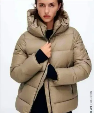 ZARA 퍼프 자켓 후드 부착 다운 자켓 M 베이지