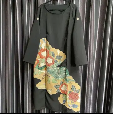 블랙 전통 예복 기모노 기모노 리메이크 원피스 튜닉 포멀 공작 모란