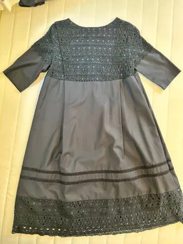 여성용 네이비 레이스 반팔 무릎 기장 원피스