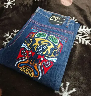 쿠지 자수 데님 팬츠