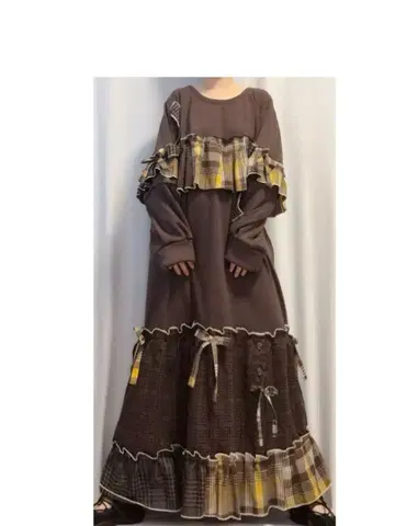 4 체크 프릴 브라운 롱 원피스 빅 사이즈 브라운