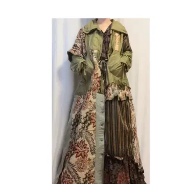 1 올리브 그린 고블랑 꽃무늬 패치워크 롱 코트 빅 사이즈