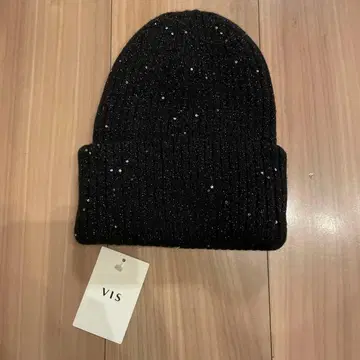 택 포함 새상품! vis 스팽글 장식 블랙 리브 니트 모자