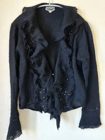 VICEVERSA 블랙 프릴과 스팽글 모헤어 가디건