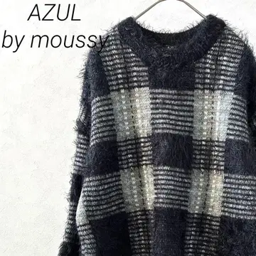 AZUL by moussy 샤기 니트 스웨터 체크 무늬 슬릿