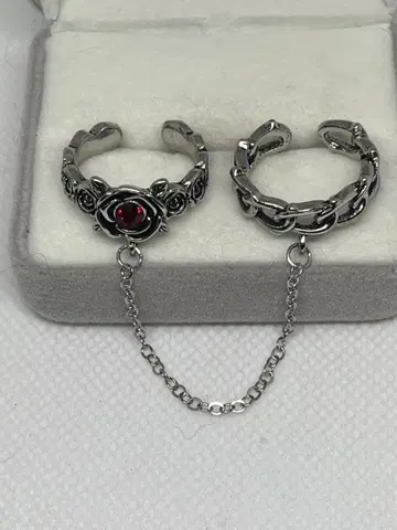 장미 모티브 반지 세트 빨간색 스톤 포함 15호 11호(조절 가능)