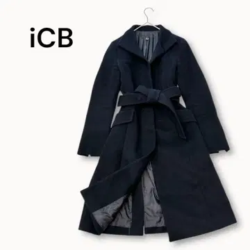 iCB 롱 코트 블랙 9호 울 벨트 포함 일본제