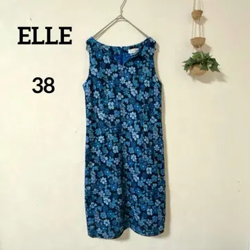 엘르 ELLE 슬리브리스 꽃무늬 원피스 38 블루 올 패턴 무릎 기장