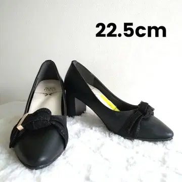 BODY FOCUS 블랙 펌프스 리본 청키힐 아몬드 토