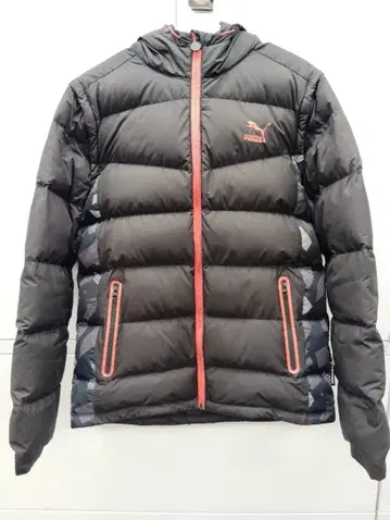 PUMA 후드 부착 다운 자켓 블랙/오렌지