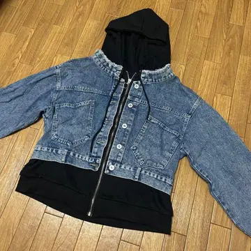 데님 자켓 블랙 후드 부착