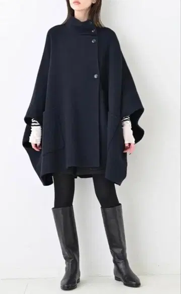 슬로브 이에나 스탠드 카라 더블 페이스 판초 네이비