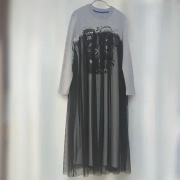 퍼슨즈 튤 겹침 롱 원피스 그레이 곰 패턴