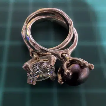 새상품급 e.m 지르코니아, 블랙 펄 2연 실버 반지