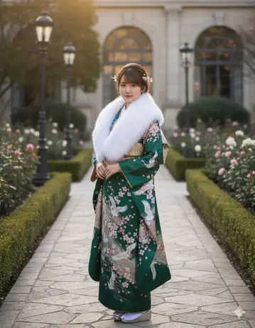 그린 컬러 기모노와 화이트 컬러 퍼 숄 대