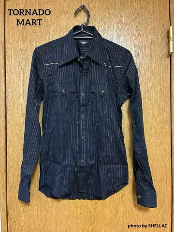 TORNADO MART 라메 스트라이프 스냅 버튼 매트 블랙 셔츠