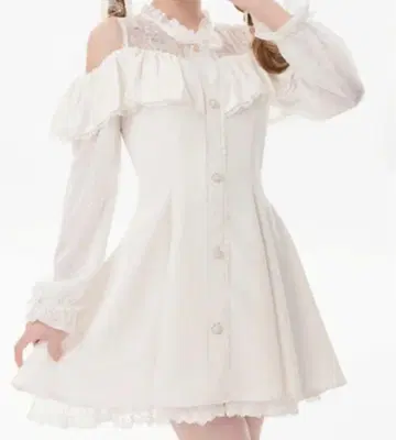 레이스 x 리본 오프숄더 원피스 화이트 히메 스타일 양산형 지뢰계