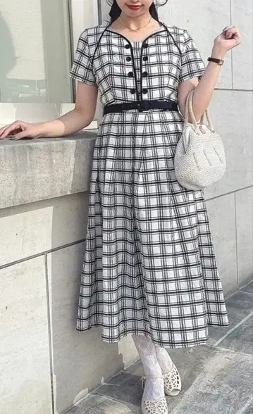 더블 단추 체크 레이어드 스타일 원피스