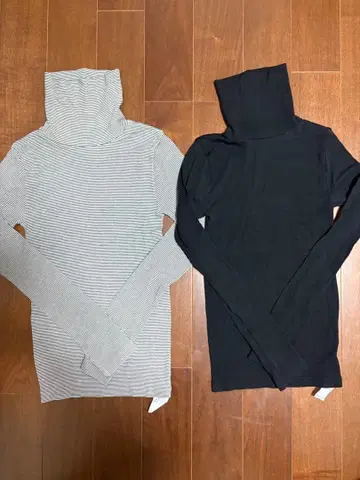 유니클로 히트텍 심리스 리브 터틀 T 울트라 웜 블랙 보더 M