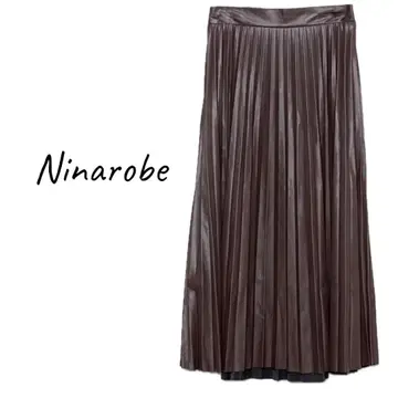 Ninarobe (니나 로브) 새상품 PU 가죽 플리츠 롱 스커트