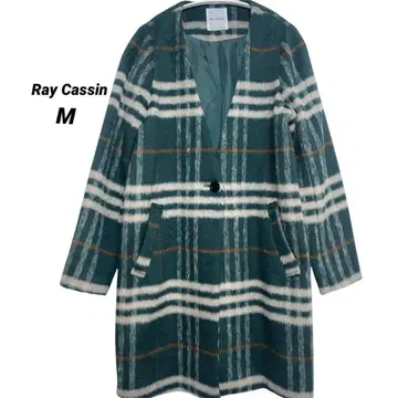 레이 카즌 노카라 코트 노카라 롱 자켓 체크 무늬 M