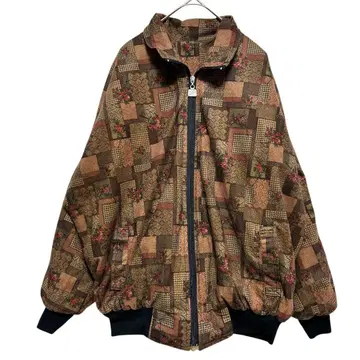 레트로 올 패턴 블루종 꽃무늬 패치워크풍 지퍼 자켓 브라운 L