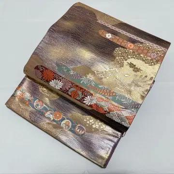 A 봉황과 꽃 무늬 금실 보라색 순수 실크 육통 후쿠로 오비 포멀 O7