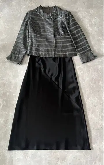 블랙 새틴 롱 스커트 수트 셋업 스커트 자켓