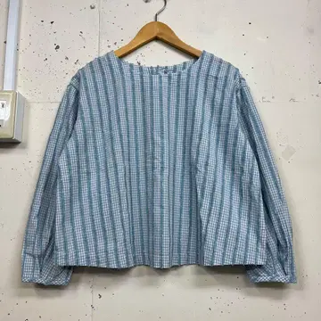 아틀리에 두 사봉 스카이블루 블루 블라우스 스트라이프 x 깅엄 체크