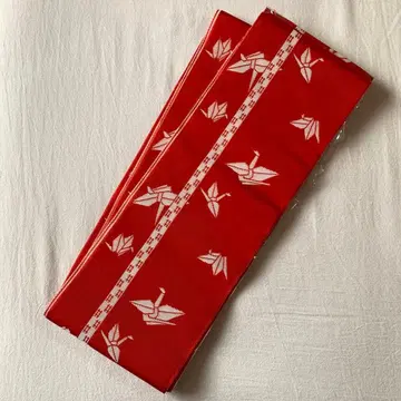 [ 미사용 ] 반폭 오비 접은 학 패턴 빨간색 키류오리