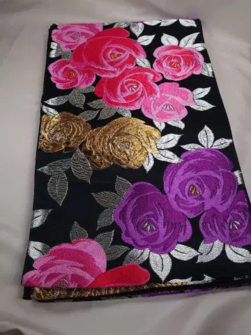 장미 무늬 순수 실크 육통 후쿠로 오비 블랙 베이스 성인식