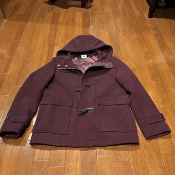 버건디 더플 코트 후드 부착