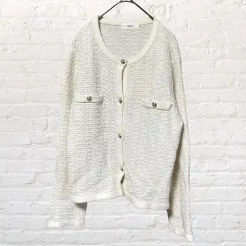 12333 잇츠데모 트위드풍 니트 가디건 화이트 골드 버튼 워셔블 겉옷
