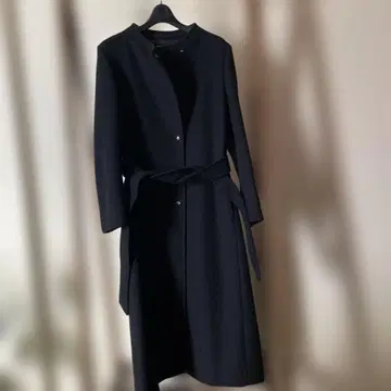 VIS 울 혼방 멜톤 네이비 롱 코트 허리 벨트 포함