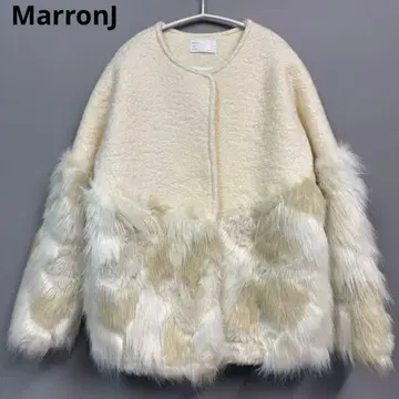 MarronJ 아이보리 퍼 달린 숏코트 노카라 자켓 한국