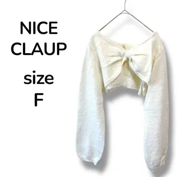 NICE CLAUP 페더 니트 볼레로 가디건 리본 화이트 긴팔