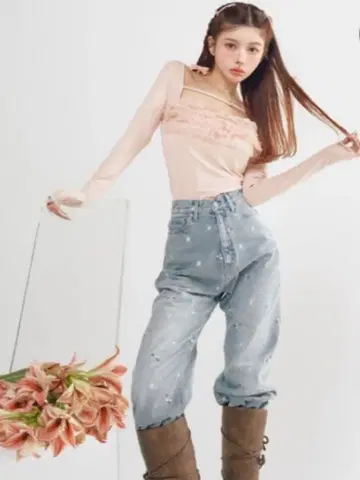 Darich 스프링 플라워 데님 팬츠