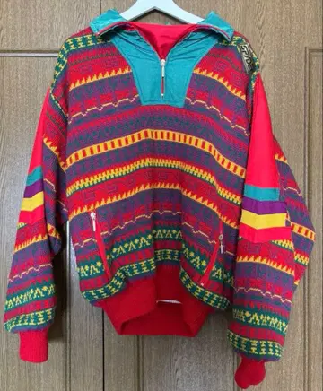 SPYDER 빈티지 오버 사이즈 니트 하프 지퍼 올 패턴 80s