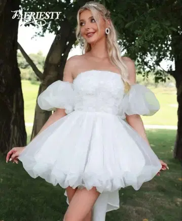 SHEIN 화이트 오프숄더 미니 웨딩 드레스