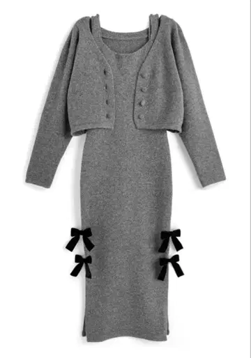 GRL 니트 가디건 x 벨로아 리본 슬릿 원피스 셋업