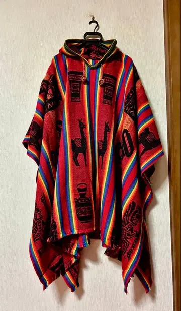 남미 과테말라 후드 부착 판초 라마 타악기 민족 의상 직물