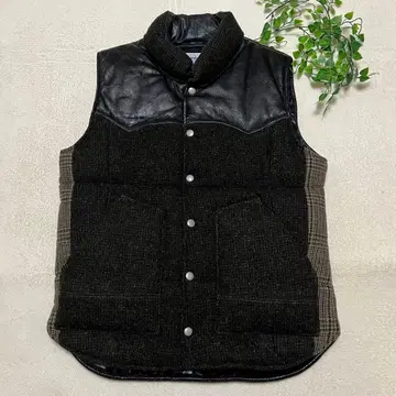 90s 영국제 빈티지 해리스 트위드 가죽 요크 절개 다운 베스트