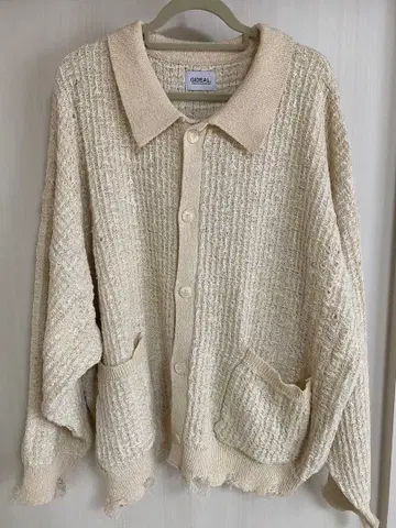 GIDEAL 라메 트위드 데미지 니트 가디건