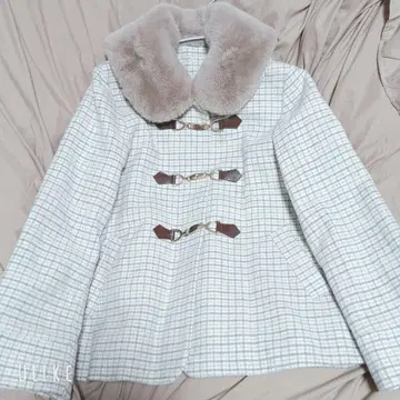 마제스틱 레곤 체크 무늬 더플 코트 (퍼 카라 부착)