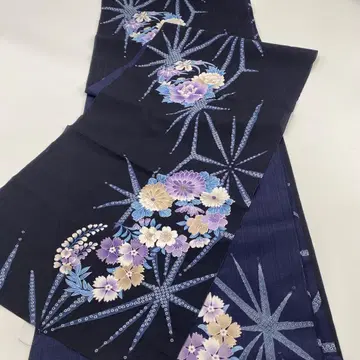 기모노 원단 12m 네이비 바탕에 꽃무늬